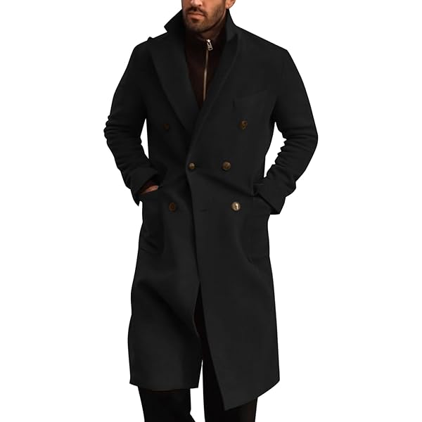 Mens Trench Coat Notched Lapel Single Breasted Belted Long